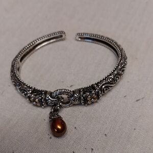Barbara BIxby Sterling Silver Hinged Bracelet W/ 18 K Gold Fowers & Brown Pearl